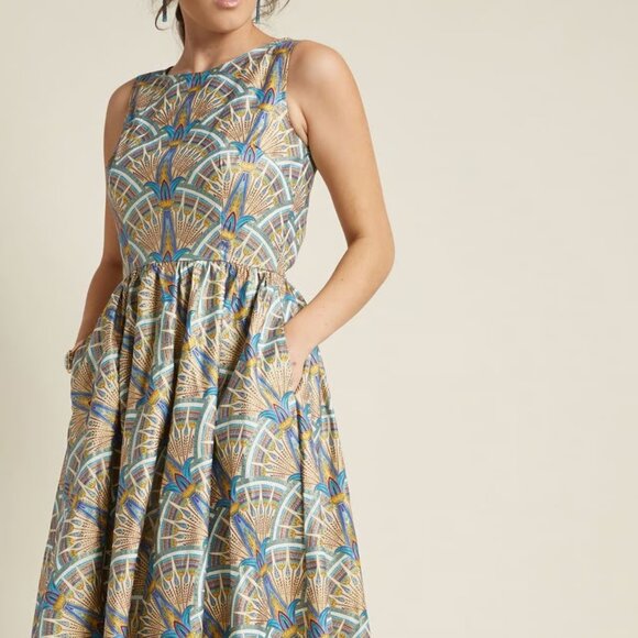ModCloth Retrolicious Art Deco Cotton Dress with pockets, size S - Picture 1 of 9
